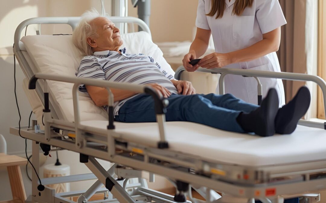 Starsza osoba leżty na łóżku rehabilitacyjnym