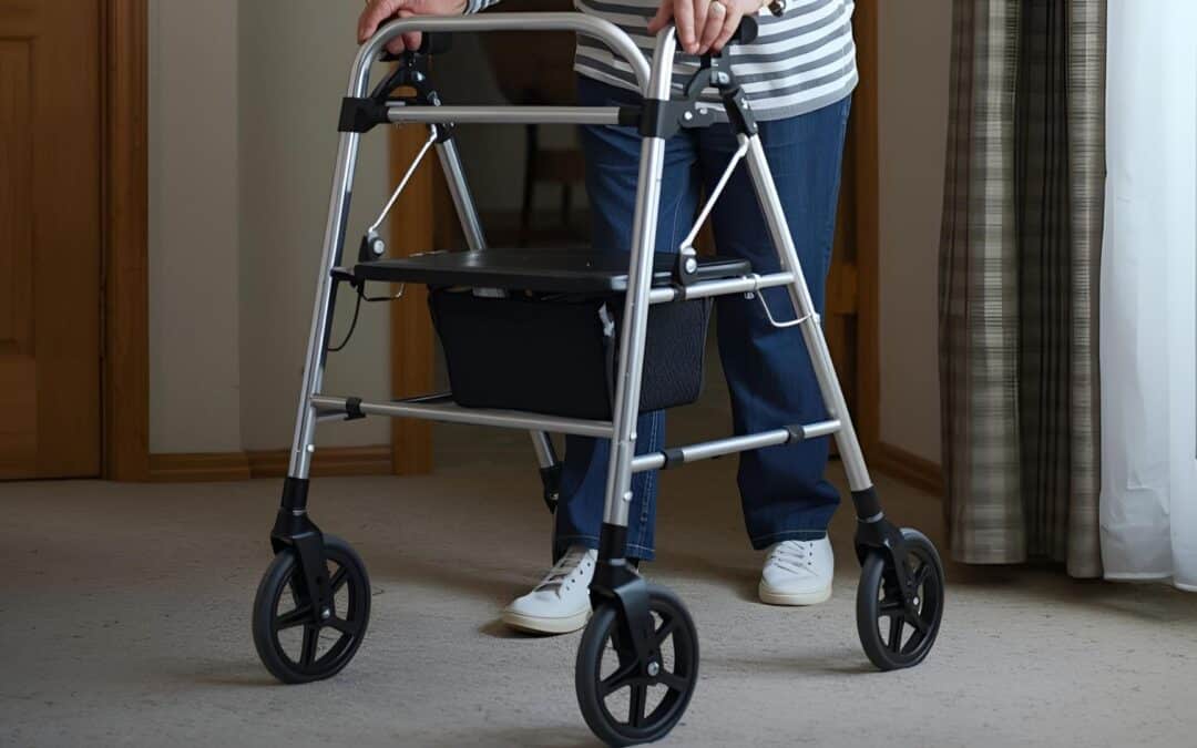 Starsza Pani porusza się po mieszkaniu przy pomoch chodzika