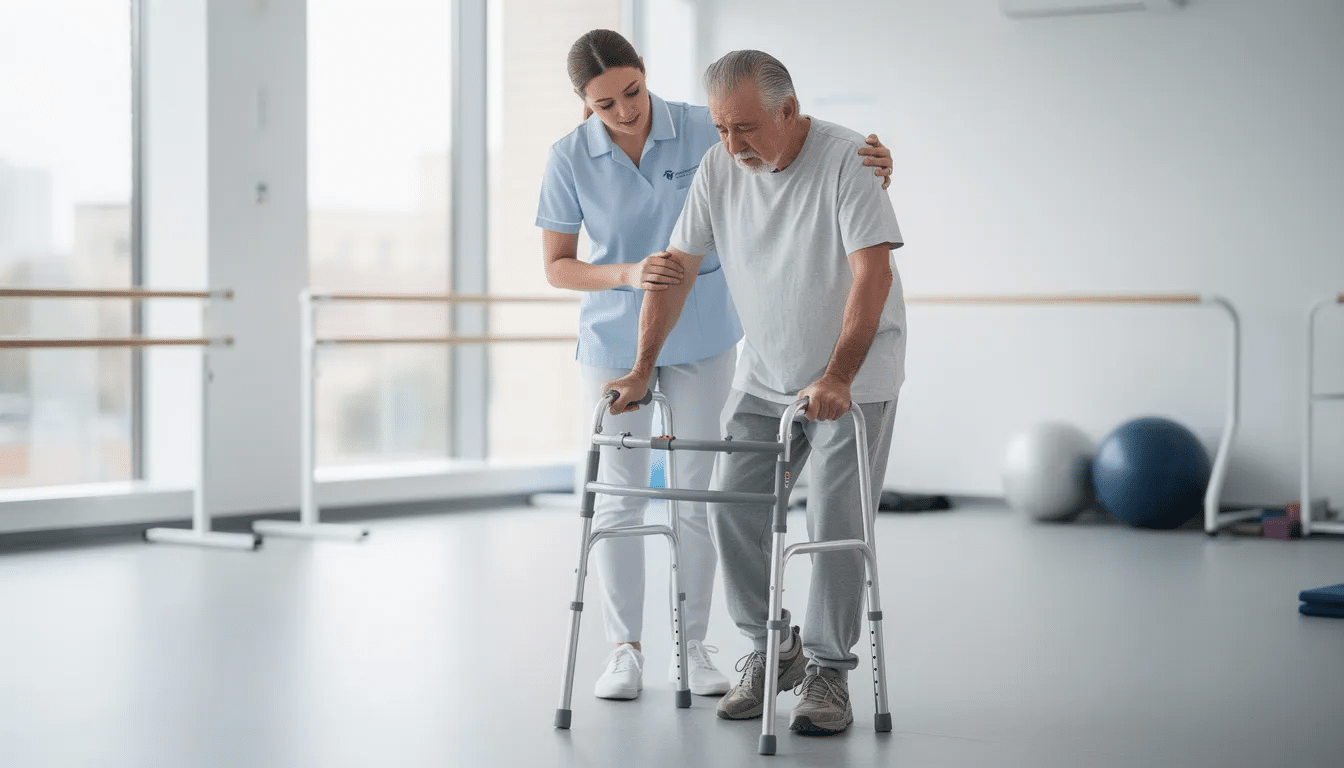 Na zdjęciu widzimy starszego mężczyznę, który ćwiczy chód z balkonikiem pod czujnym okiem fizjoterapeuty. Mężczyzna stara się zachować równowagę, co jest istotne w kontekście oceny funkcjonalnej pacjenta oraz jego zdolności do samodzielnego funkcjonowania w codziennych aktywnościach.