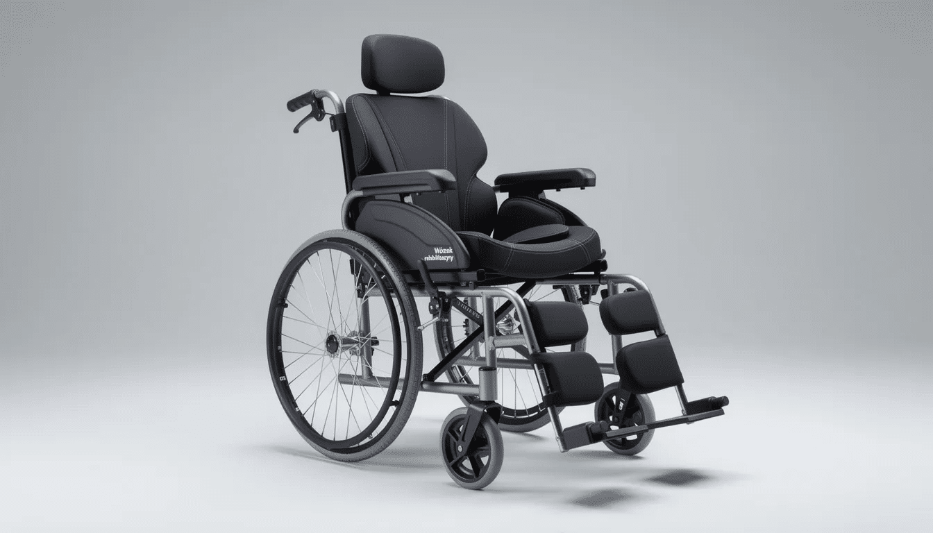Na zdjęciu znajduje się specjalistyczny wózek inwalidzki z podparciem bocznym oraz regulowanymi podnóżkami, który ułatwia osobom z ograniczeniami ruchowymi funkcjonowanie w codziennym życiu. Wózek ten wspiera pacjentów w ich aktywności życia codziennego, takich jak korzystanie z toalety czy spożywanie posiłków, co jest istotne w kontekście oceny funkcjonalnej pacjenta.