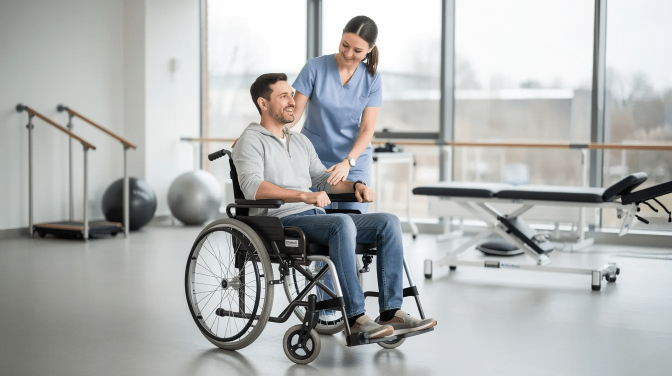 Na zdjęciu widoczny jest komfortowy wózek inwalidzki elektryczny marki Ottobock, w którym siedzi osoba, a obok niej stoi towarzyszący jej opiekun. Wózek jest zaprojektowany z myślą o poprawie mobilności i niezależności użytkownika, co jest istotne w rehabilitacji oraz codziennym życiu osób z niepełnosprawnościami.