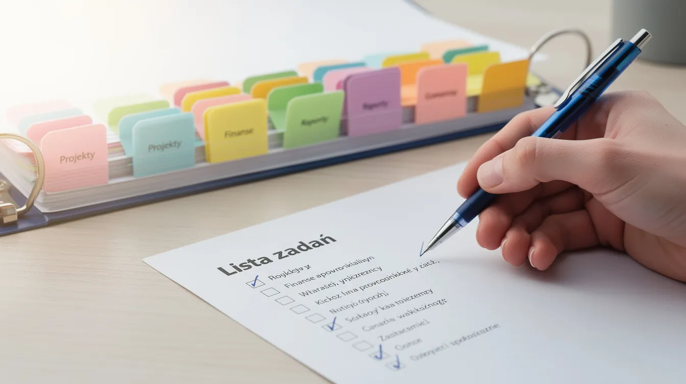 Na zdjęciu znajduje się segregator z kolorowymi przekładkami oraz checklistą, na której widoczne są odhaczone pozycje długopisem. Dokumenty te mogą dotyczyć wniosku o dofinansowanie wózka inwalidzkiego lub skutera elektrycznego, co jest istotne dla osób z dysfunkcją narządu ruchu.